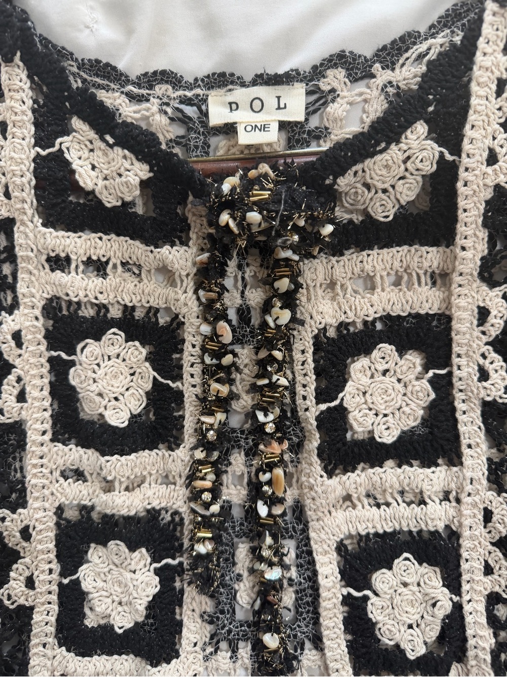 POL Black and Cream Crochet-Trim Women’s Formal Vest with Beaded Tassel